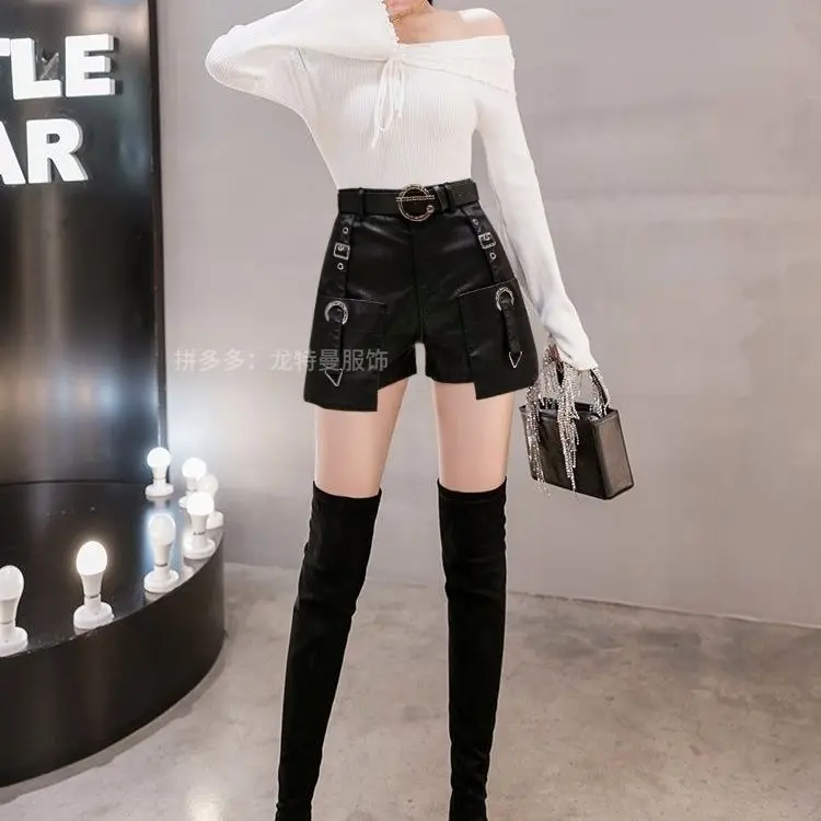 Leather Shorts Women Korean Outerwear Winter Autumn Winter New High Waist Slim Belt Style Wide Leg PU Leather Shorts Boot Pants