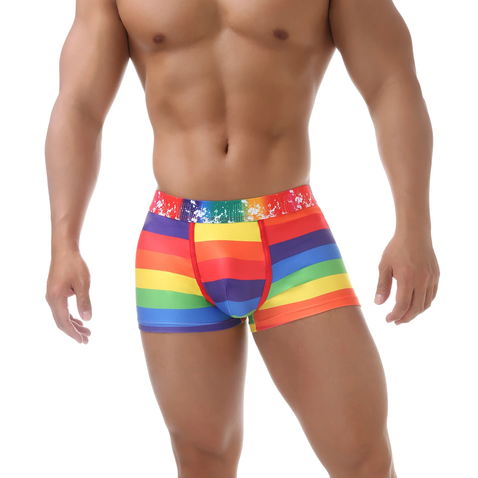 

Rainbow Striped Boxy Underwear for Men Sexy U Convex Pouch Boxer Trunks Breathable Quick Dry Cool Fee Summer Beach Baord Shorts