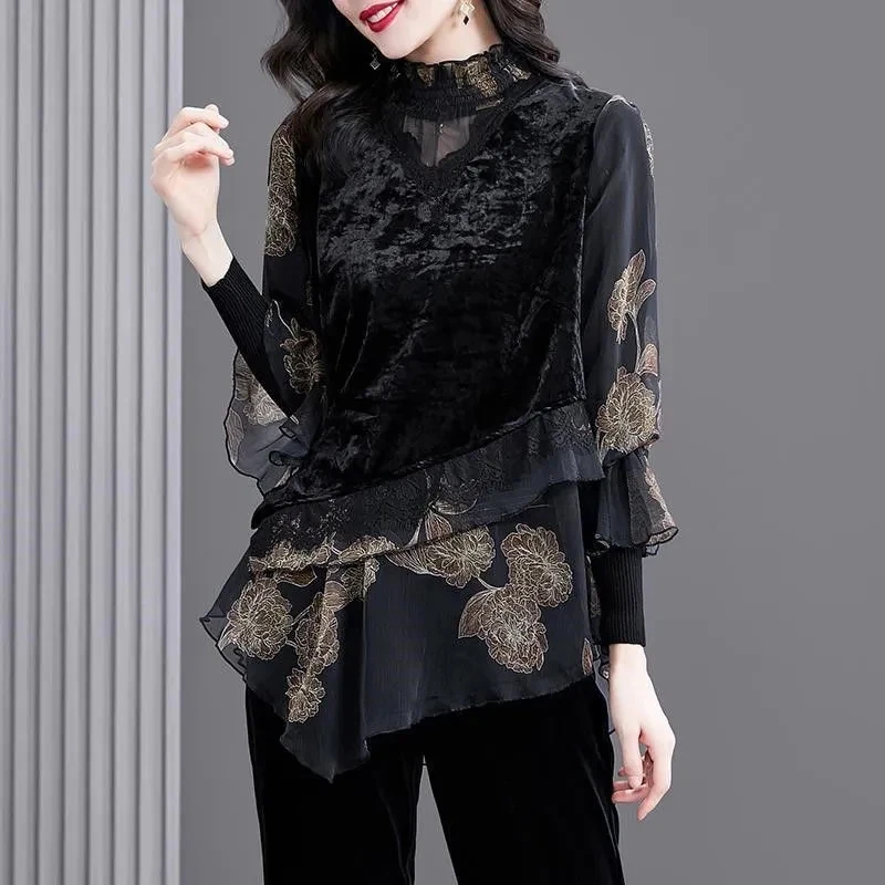Noble Mother Golden Velvet Shirts Tops New Spring Autumn Fashion Patchwork Lace Tshirts Middle Aged Women Elegant T-shirts Tees