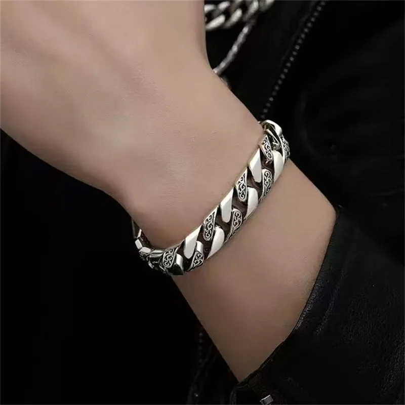 Vintage Relief Linien Muster Kette Armband Für Männer Schmuck 18 20 22 CM Persönlichkeit Breite Armreif Männliche Hand Zubehör