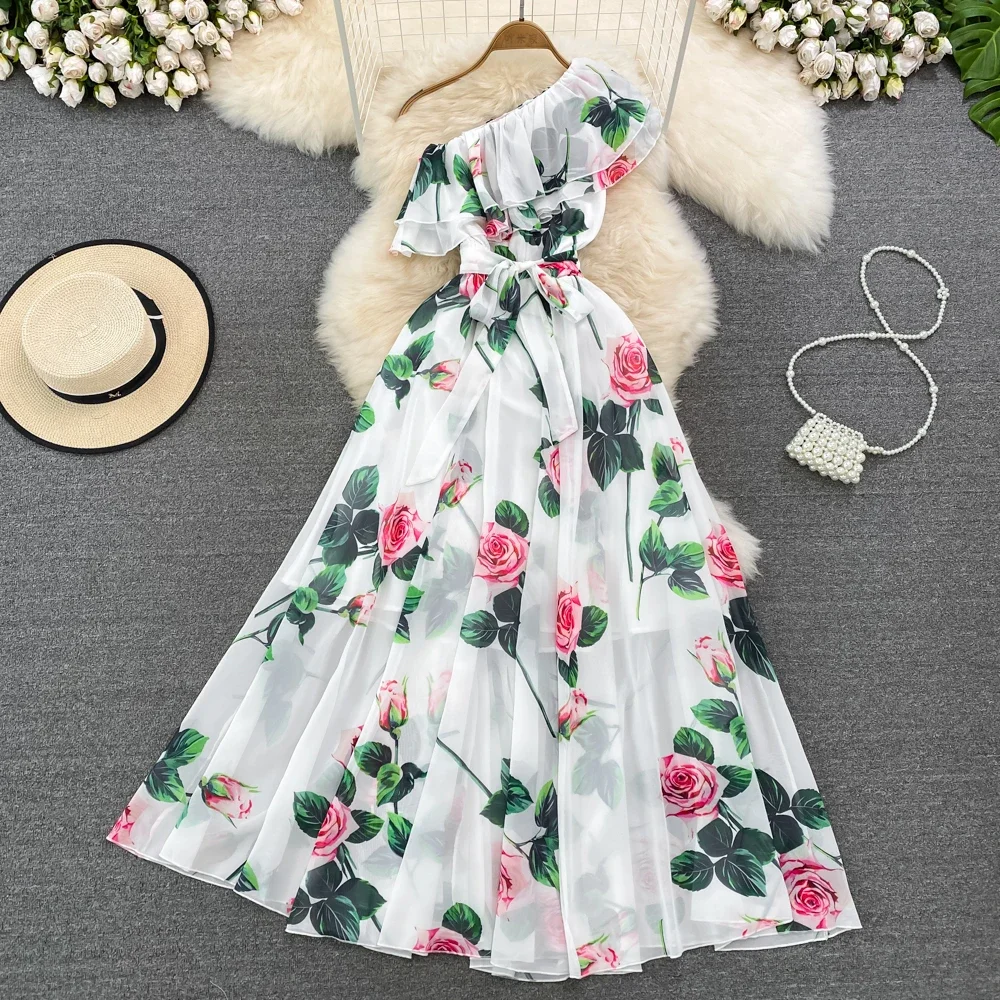 

2024 Summer New Slant Neck Off Shoulder Sleeveless Women Dress Waist Wrap Print A-line Large Hem Female Vestidos