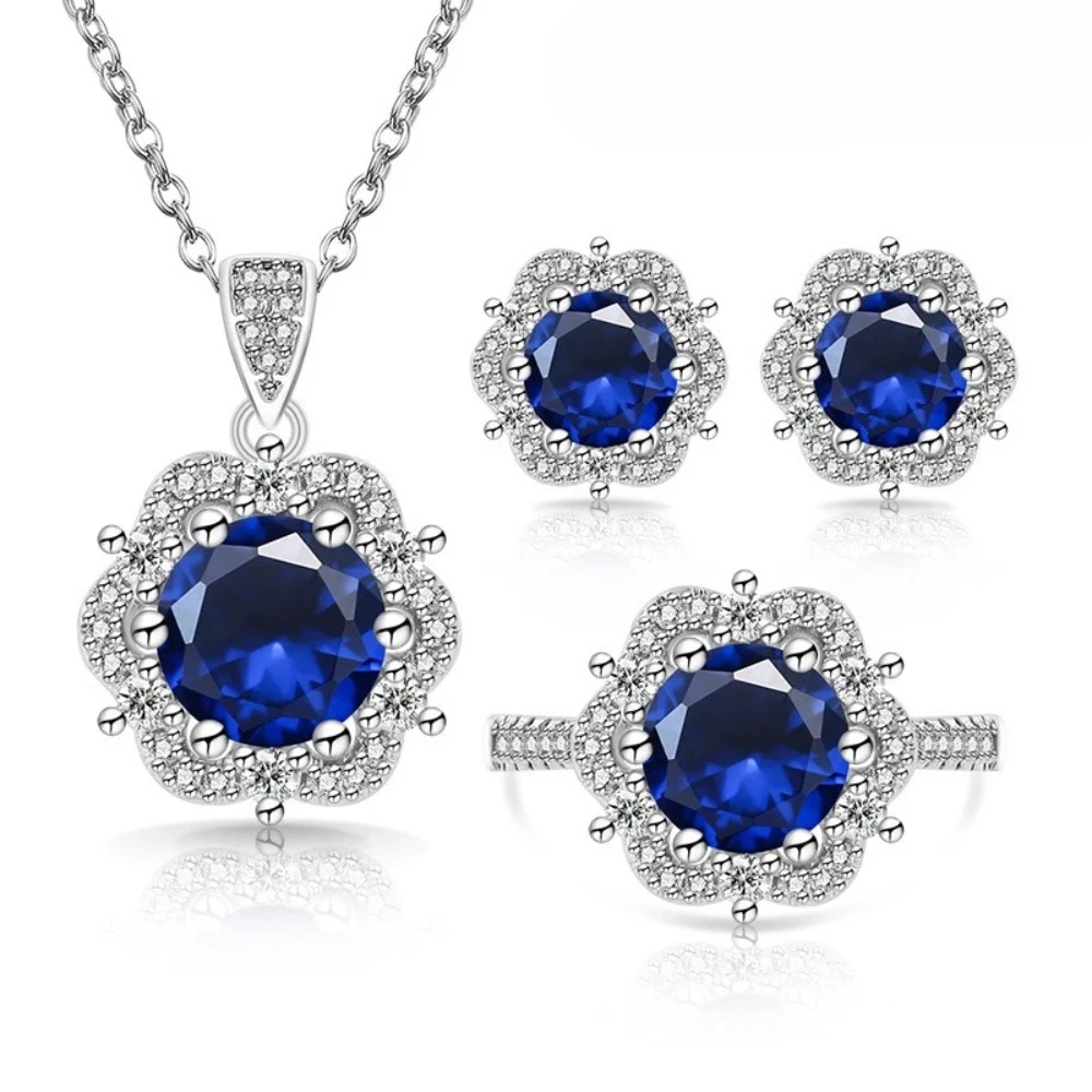 Luxurious 925 sterling silver ring, earring and necklace set, featuring complete diamonds and gemstones. Cross-border jewelry.