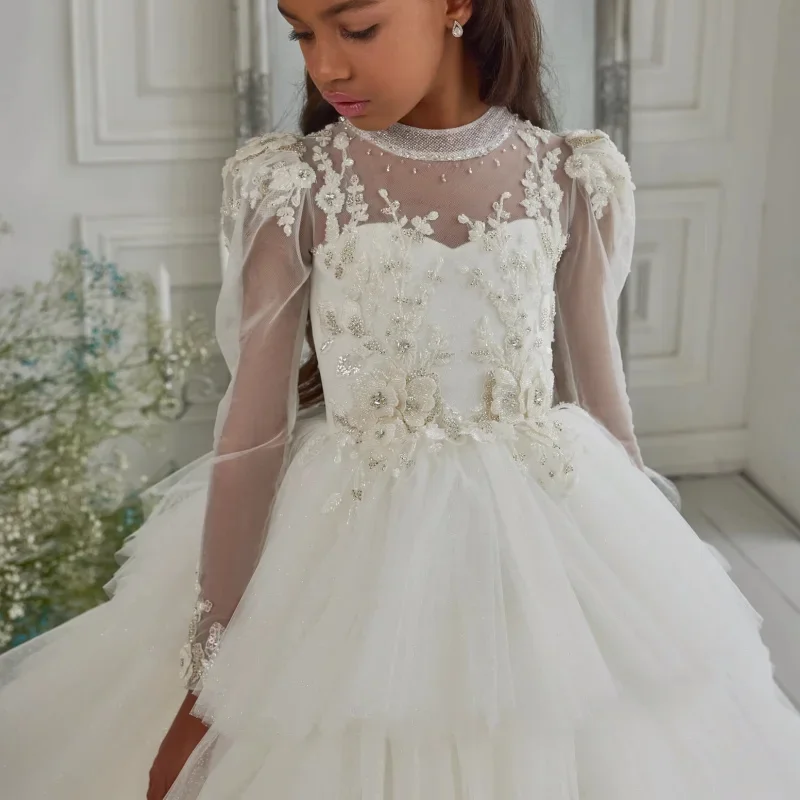 Flower Girl Dress White Layered Fluffy Tulle Lace Bow Wedding elegante Flower Child Birthday comunione Celebration Party Dress