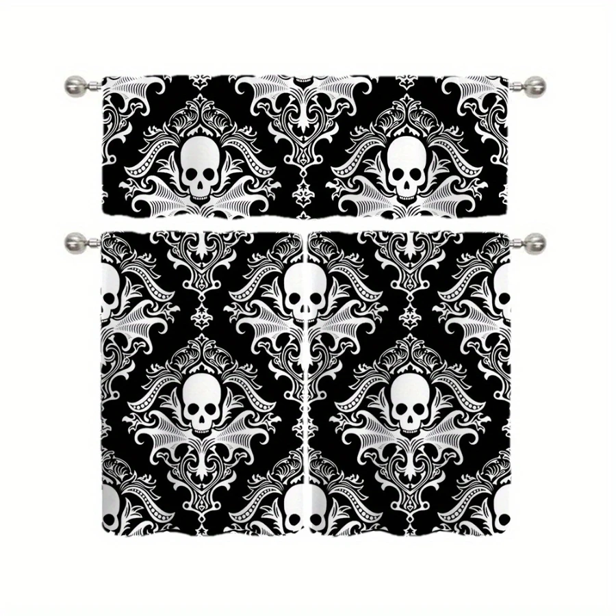  Gothic Skull Halloween Kitchen Curtains with Bat Wing Damask Pattern, Black White Baroque Spooky Style for Halloween