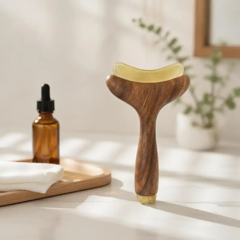 Ergonomic Grip Facial Massage Gua Sha Board Wooden Handle Portable for Home Travel SPA Self Care Gift