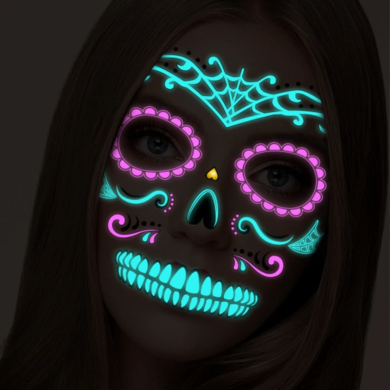 Day of the Dead Halloween  Tattoo Sticker Temporary Skin for Night Bar Party Festival Makeup Tattoo Glow in  Dark Body Sticker