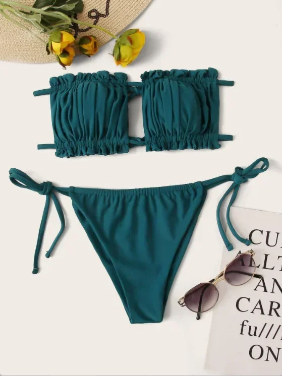 Bikini viola sexy volant scava fuori costume da bagno donna 2 pezzi con spalle scoperte vita alta perizoma costume da bagno costumi da bagno da spiaggia XMQC1977