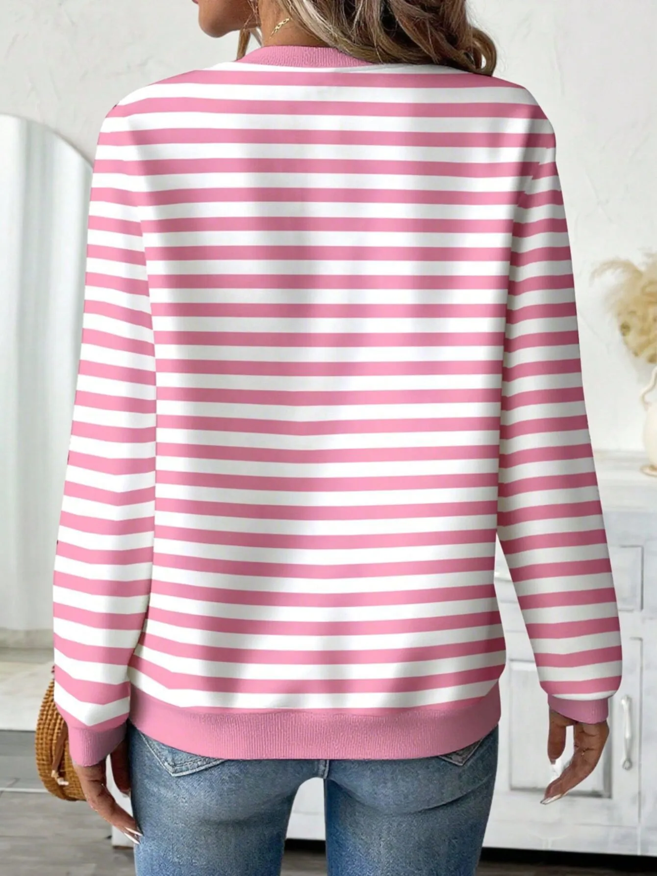 Casual Zipper Hoodie with Regular Fit Mid Length Japanese Korean Casual Digital Print Long Sleeve Striped Spring Women Hoodie