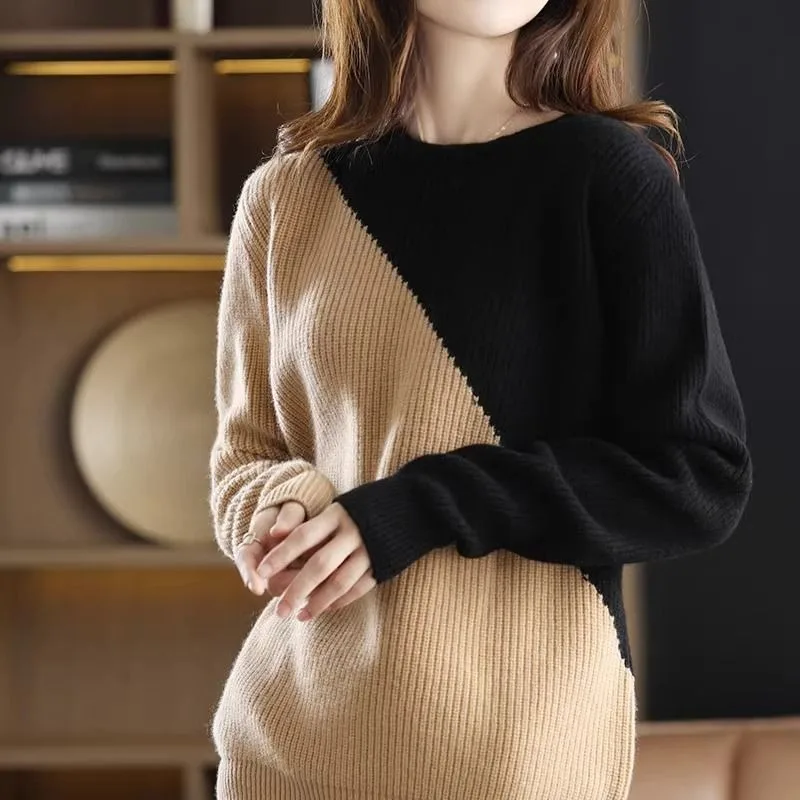 Spring Autumn Color Blocked Women's Pullover Sweater Round Neck Long Sleeve Loose Casual Versatile Female Knit Base Sweater Top