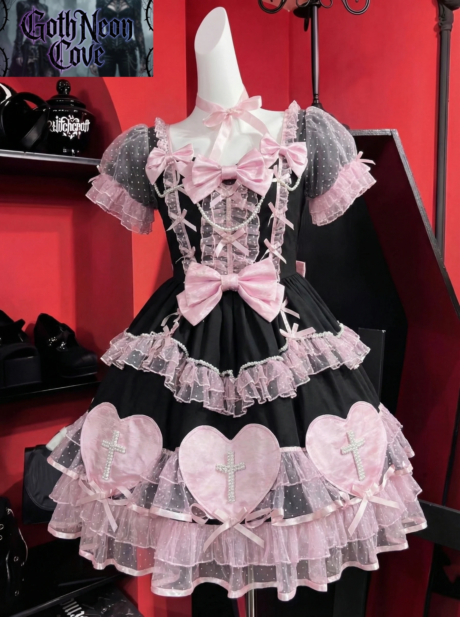 Gothic Lolita Sweet Bow Lace Stitching Princess Dresses Women One Word Collar Puff Sleeves High Waist Cake Birthday Ball Gown