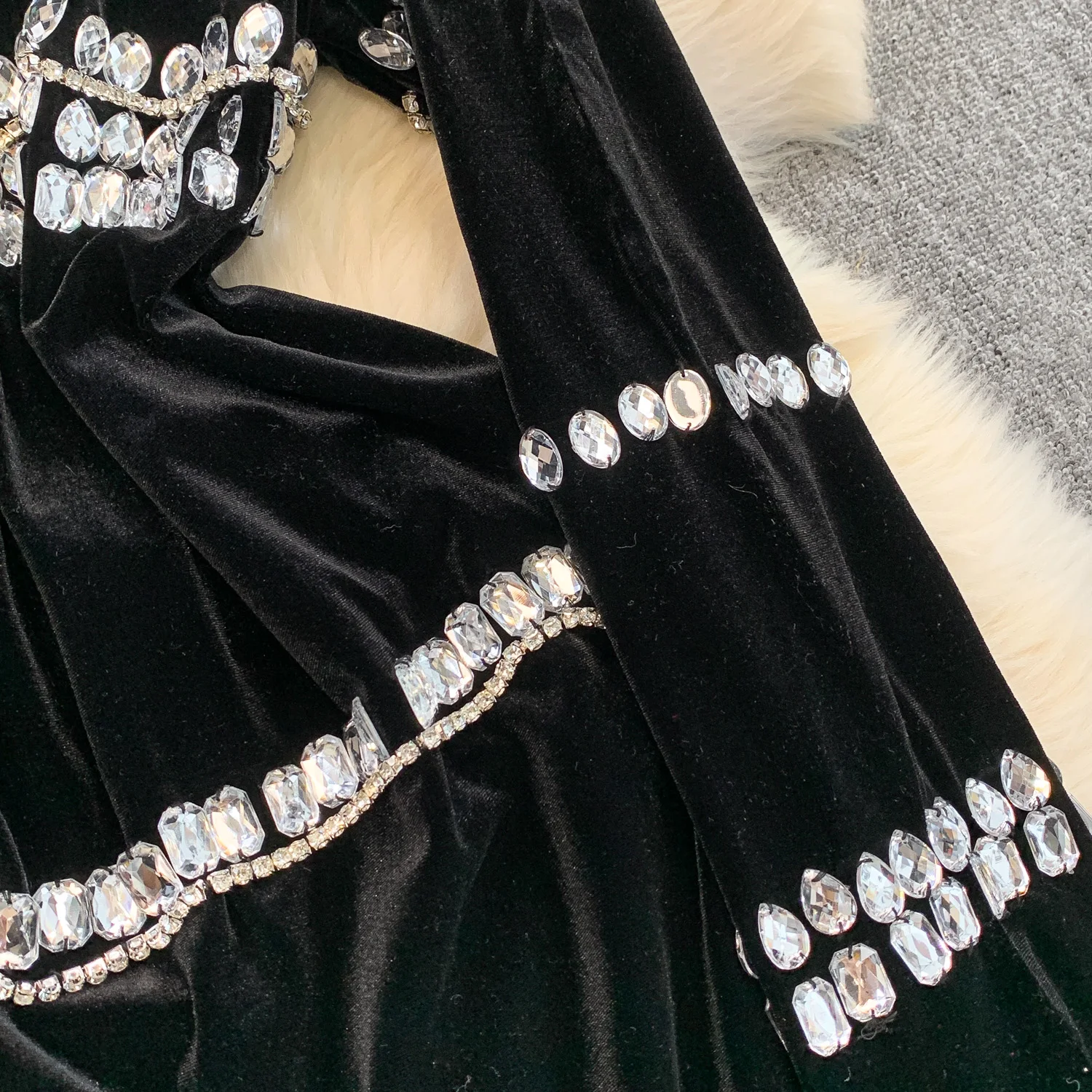 أنيقة خمر حجر الراين القطيفة طويلة الأكمام أنيقة الجنية الكورية أزياء الخريف فستان الشمس النساء الملابس #5