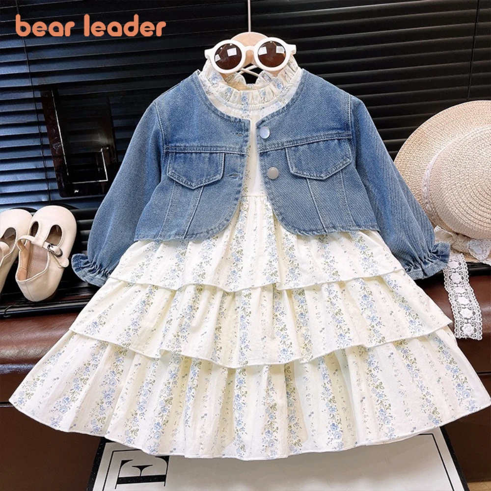 

Bear Leader, 2 шт., корейская однотонная модная и милая детская одежда для девочек, осенняя новая куртка с длинными рукавами, топ + платье с цветочным принтом