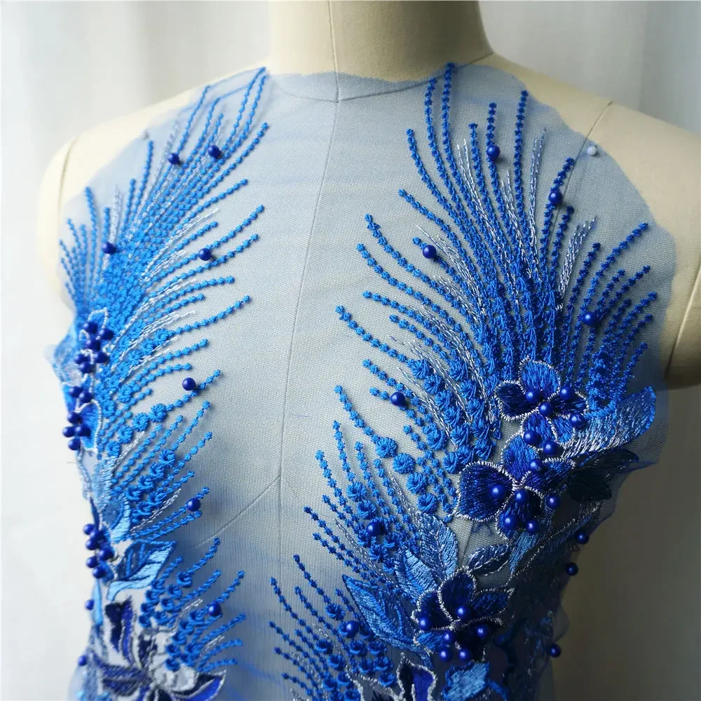 Blue Lace Fabric Flower Tassel Beads Rhinestone Embroidered Gown Appliques Trims Collar Mesh Sew Patch For Wedding Decoration