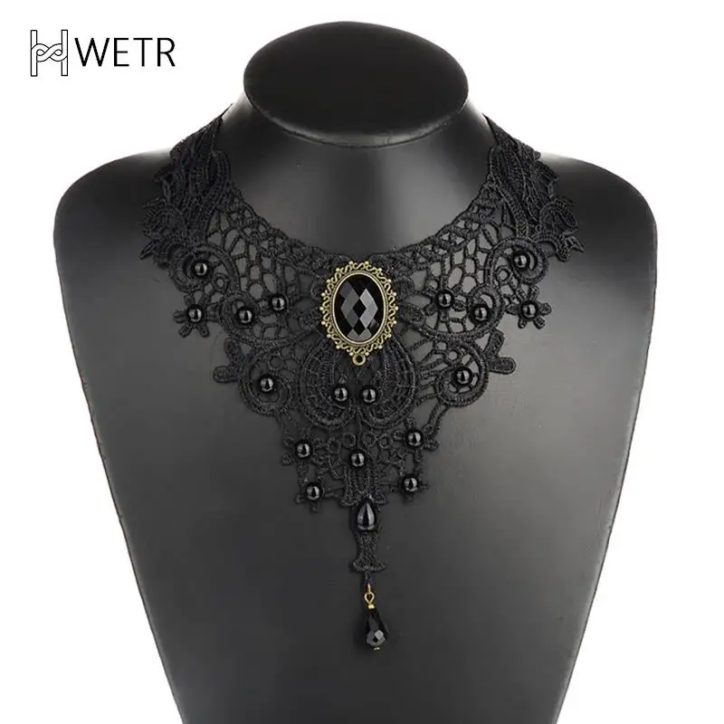 1Pc Gothic Punk Style Gem Decoration Women Black Lace Beads Choker Collar Necklace Chocker Pendant Necklaces Jewelry Gift