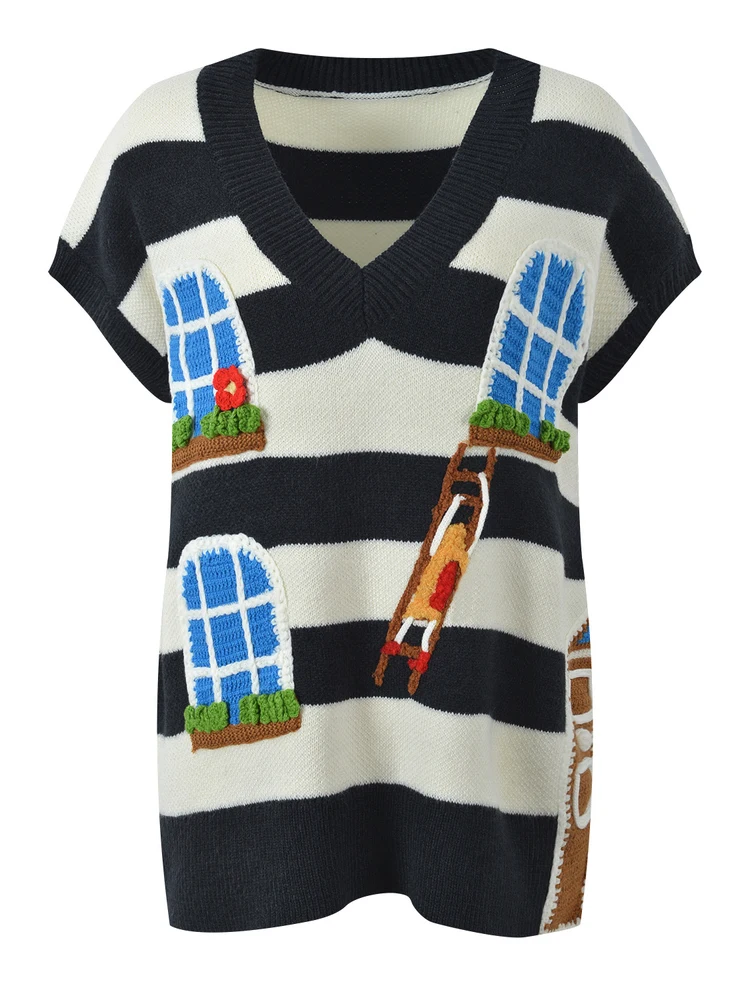 

Высококачественный женский свободный вязаный свитер в европейском стиле, осень-зима, полосатый топ с вышивкой на крючках и цветочным узором