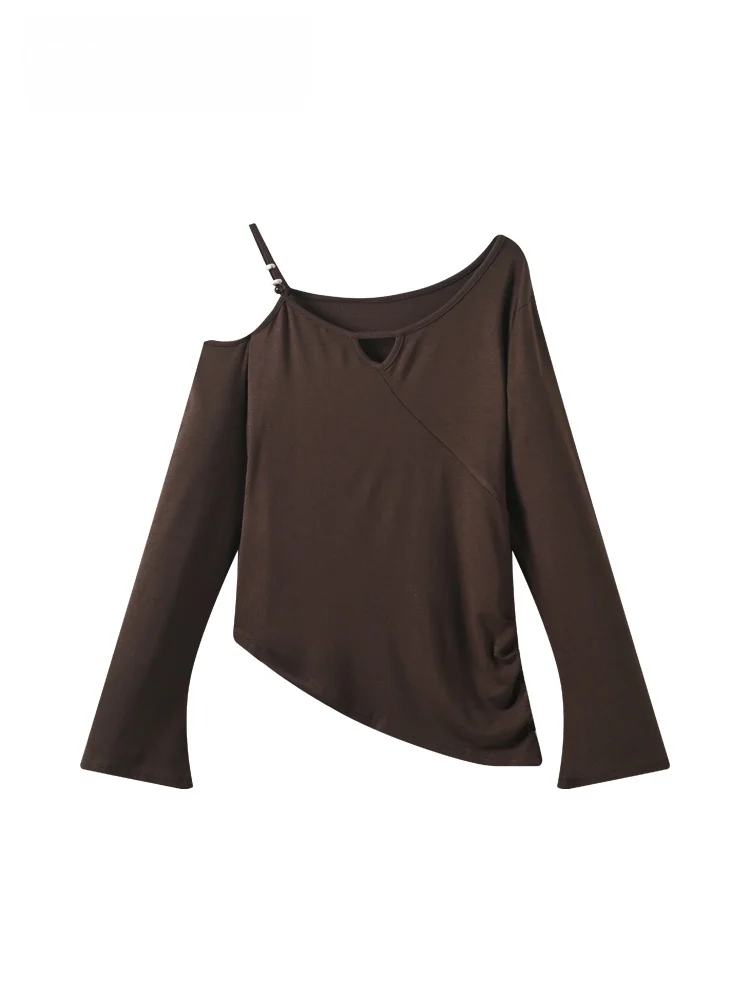 

Свободная женская футболка с длинным рукавом больших размеров, весенняя, модная, универсальная, с открытыми плечами, удобная, из полиэфирного волокна