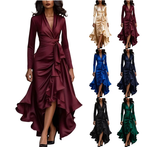 Imagen 2 del producto Vestido elegante con dobladillo con volantes y cintura ceñida, vestido con tirantes y cuello en V, vestido de Color sólido a la moda, vestido de mujer para primavera y otoño