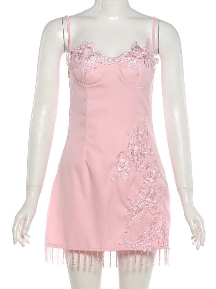 Weird Puss Perlen-Quastenkleid für Damen mit Blumenapplikationen, tiefem Ausschnitt, ärmellos, figurbetont, süß, elegant, für Strandpartys, klassisches Mini-Bodycon-Kleid – Detail 3
