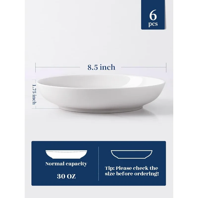 30oz Salad, White Soup Bowls Large Pasta Serving and Shallow Bowls Set of 6 Microwave Dishwasher Safe