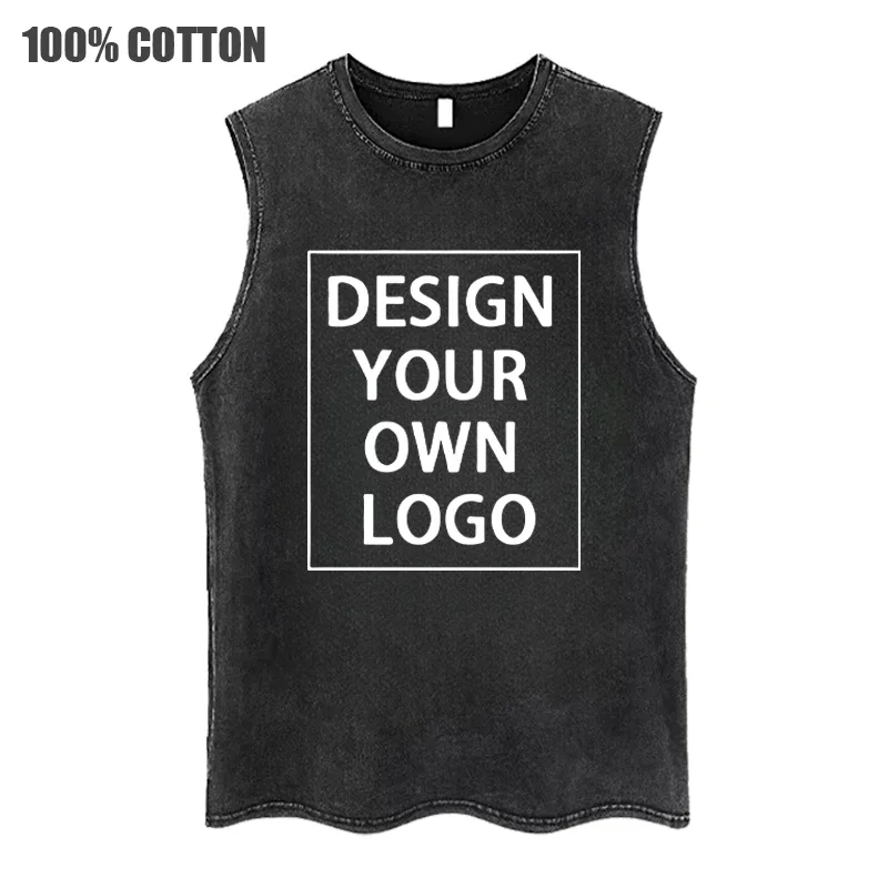 Men\'s Custom Tank Tops Vintage Washed Cotton Summer Vest DIY Logo Print Tshirts Harajuku Hip Hop Streetwear Personalized Tops