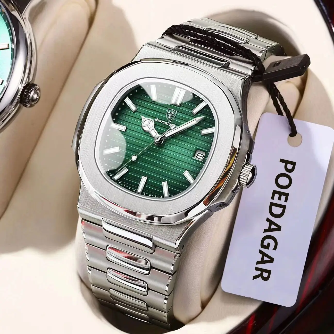 POEDAGAR Square Business Men Clock Stainless Steel Waterproof Luminous Date Male Wristwatch Sports Luxury Quartz Watches For Men