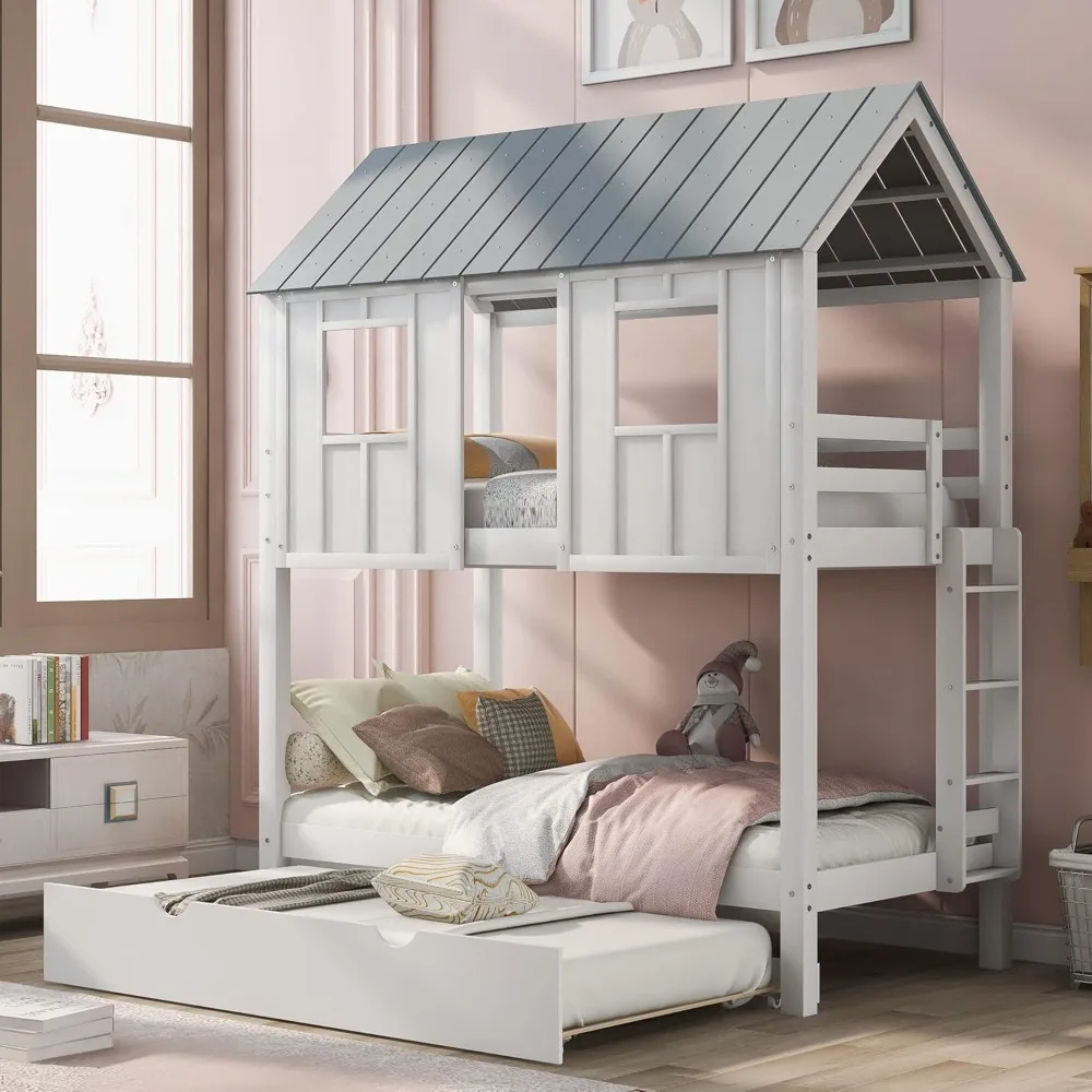 سرير منزلي بطابقين مع دولاب، سرير خشبي بطابقين مع سقف وقضيب حماية للمراهقين والأولاد والبنات والأسرة، لا حاجة إلى صندوق زنبركي #1