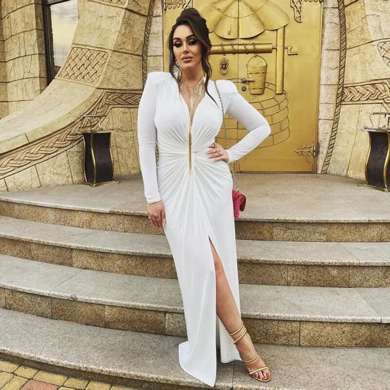 

SKMY Sexy Deep V-Neck Pleated Long Sleeved Elegant Party Long Dress For Women
