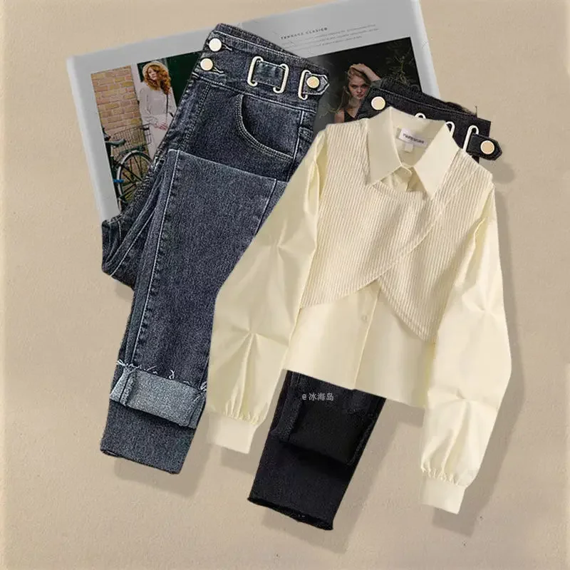 

Girl 2025 Spring Autumn New Fashion DenimPants Matching Set Korean Elegant Fake Two Piece Long Sleeved Shirt+Casual Jeans Suit