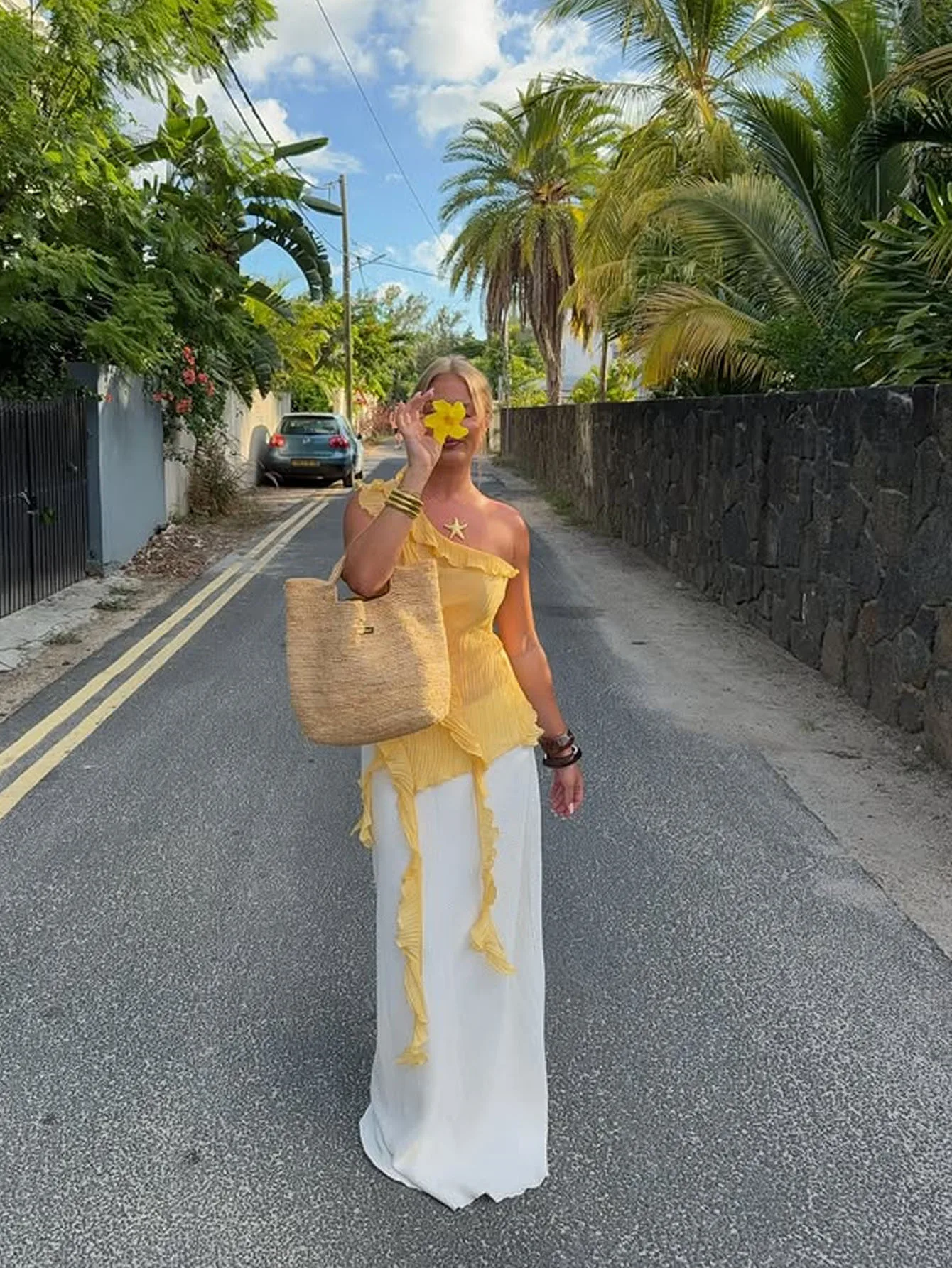 Women's Asymmetric Ruffled One-Shoulder Yellow Top for Date Night,Boho Beach Vacation Outfit,Country Concert Outfit