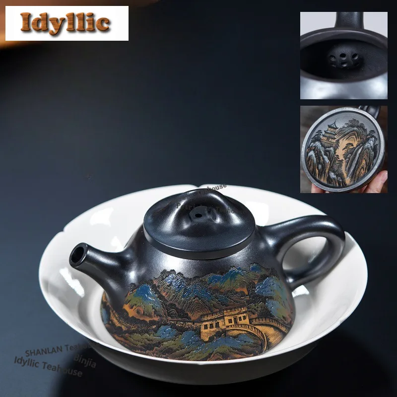 

250ml Luxury Yixing Purple Clay Teapots Handmade Painted Great Wall Pot Raw Ore Stone Yellow Mud Kettle Zisha Tea Set Ornaments