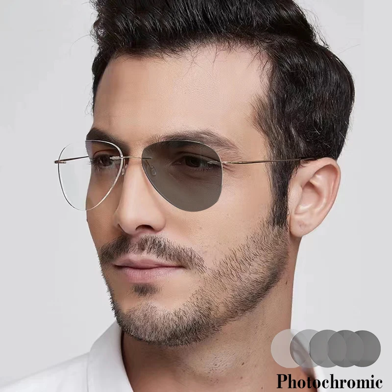 Photochormic Anti Blue Light Glasses Men Rimless Men's Eyeglasses Frame Fake Ophthalmological Frames Man Photochormic Sunglasses