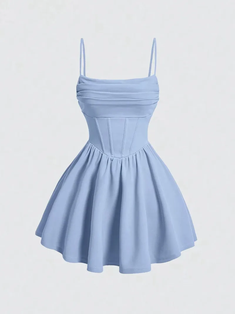 Dress Women A-Line Mini Short Dresses Square Neck Sleeveless Solid Red Elegant Party Summer Sexy Milkmaid Pleated Dresses Sweet