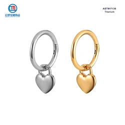 QM ASTM F136 Titanium Hoop Clicker Ring with Heart Pendant Earring Piercing Body Jewelry