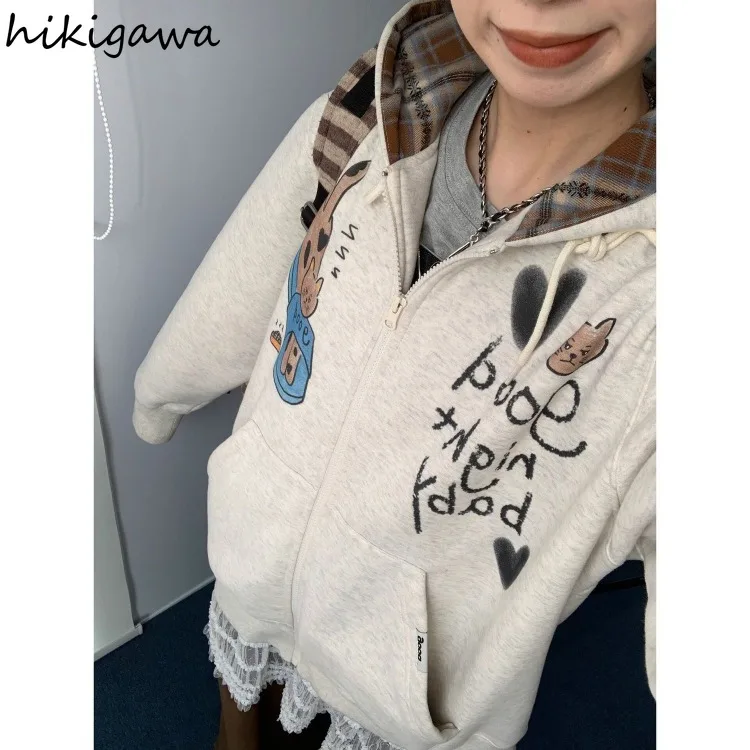 Japanese Sweatshirts for Women Streetwear Thicked Cat Print Jackets Y2k Tops Casual Fashion Hooded Zipper Hoodie 2024 Ropa Mujer