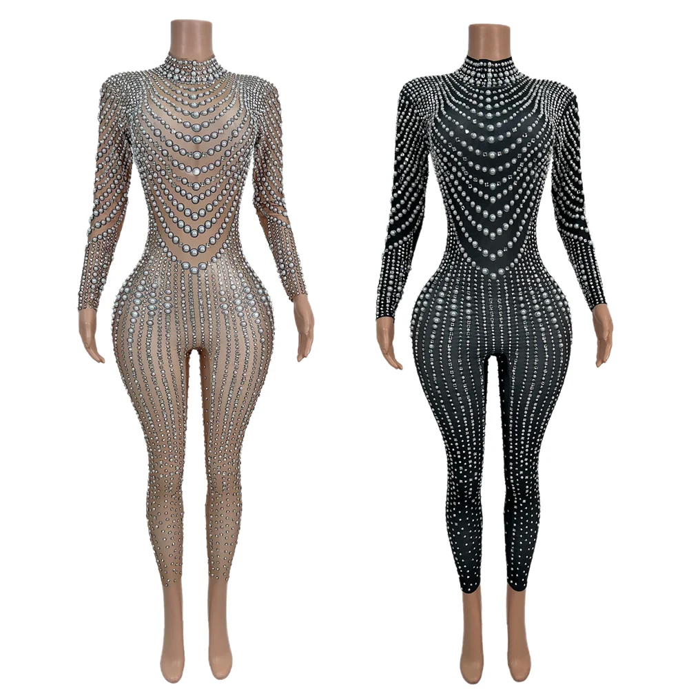 

Fashion Stretch Spandex Pearls Rhinestone Jumpsuits Women Long Sleeves Club Party Bodysuits Ladies Festival Outfit Dance Rompers