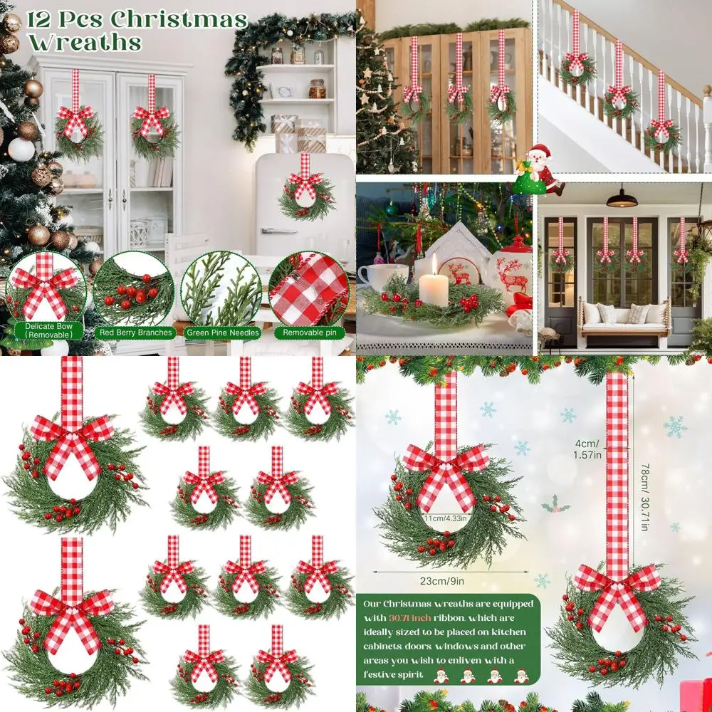 

Набор из 12 рождественских венков Mini 9. с красно-белыми клетчатыми лентами, искусственной зелень для дверей, крыльца, стены или окон.