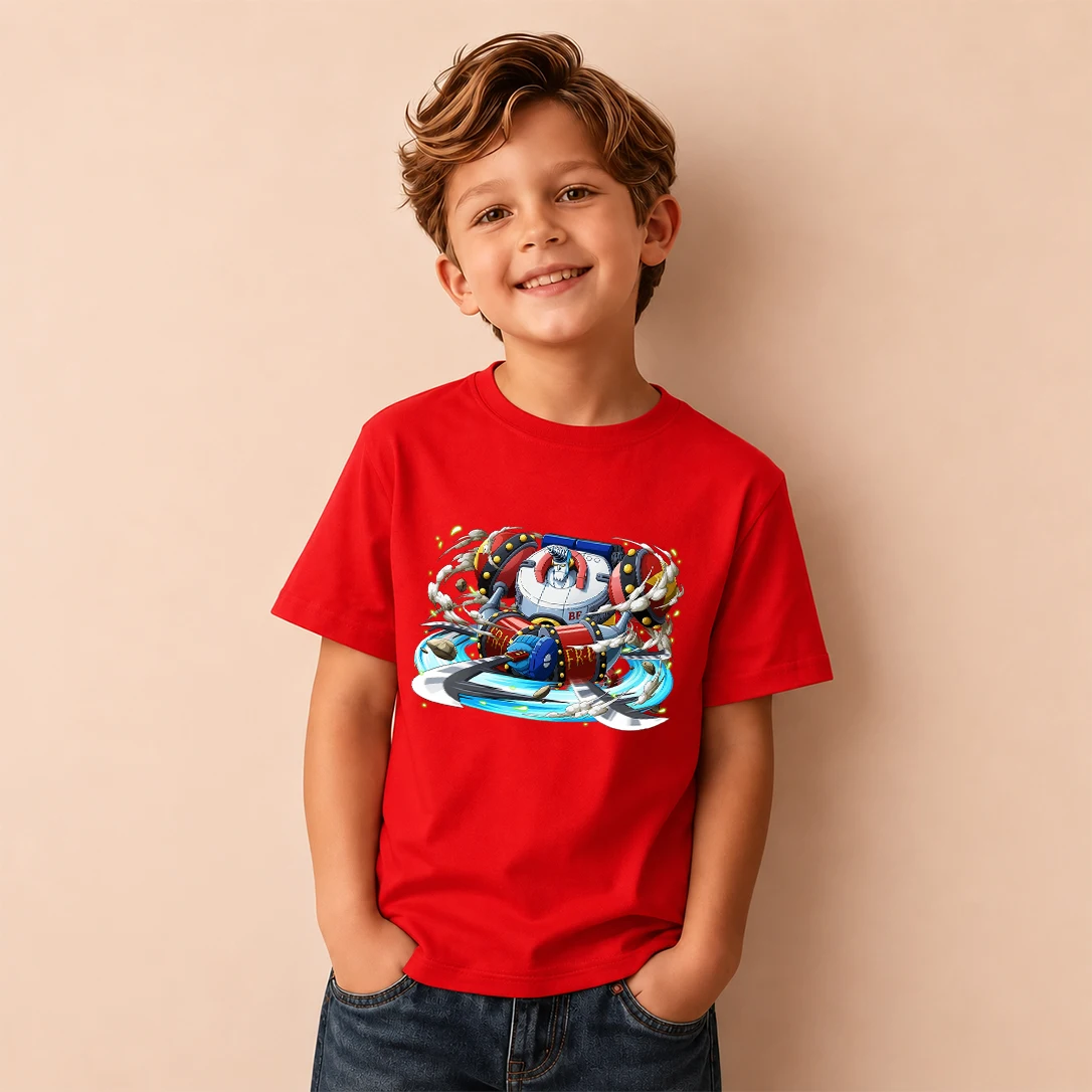 Kids T‑Shirt One Piece Franky Battle Mode Print Short Sleeve Casual Tops Boys Girls Anime Children Daily Wear Tees