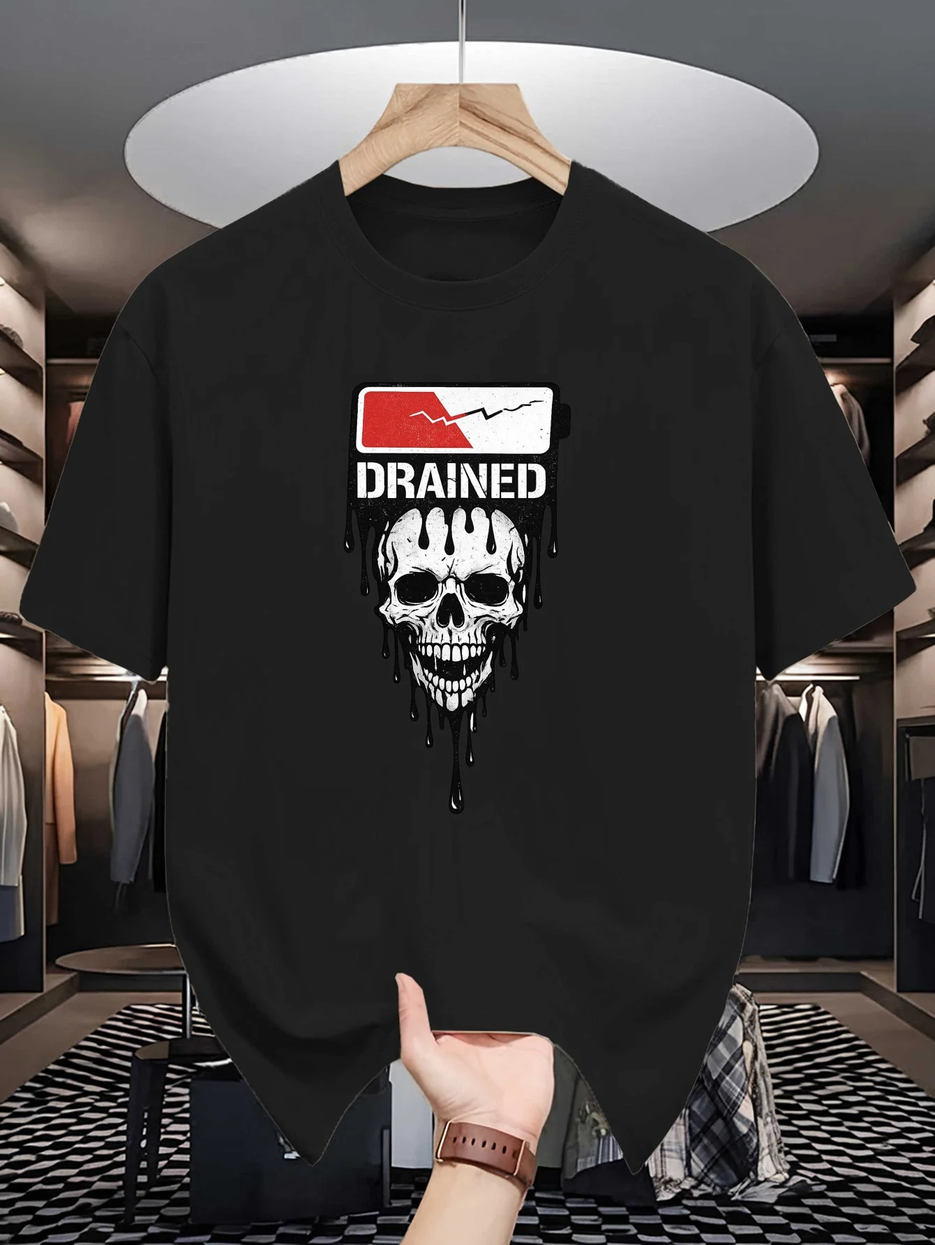 Drained Low Battery Skull Graphic Mens Crew Neck T Shirt Dripping Skeleton Soft Loose Gothic Punk Summer Casual Streetwear Tee