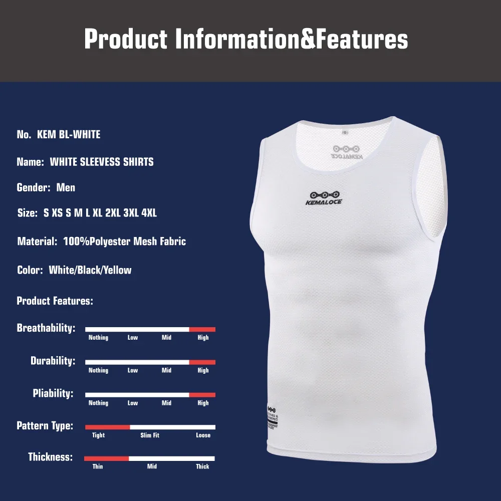 KEMALOCE Men Cycling Base Layer White 2022 - Breathable, Quick Dry Summer MTB Vest, Cool Cycle Sleevess Undershirt