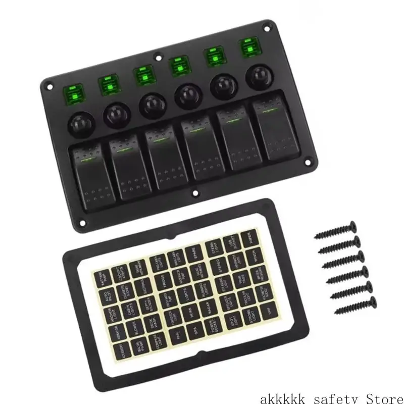 

XXFF 6 Gang Rocker Switches Panel Waterproof Toggle Switches with Light & Sticker On Off Switches Panel for Car