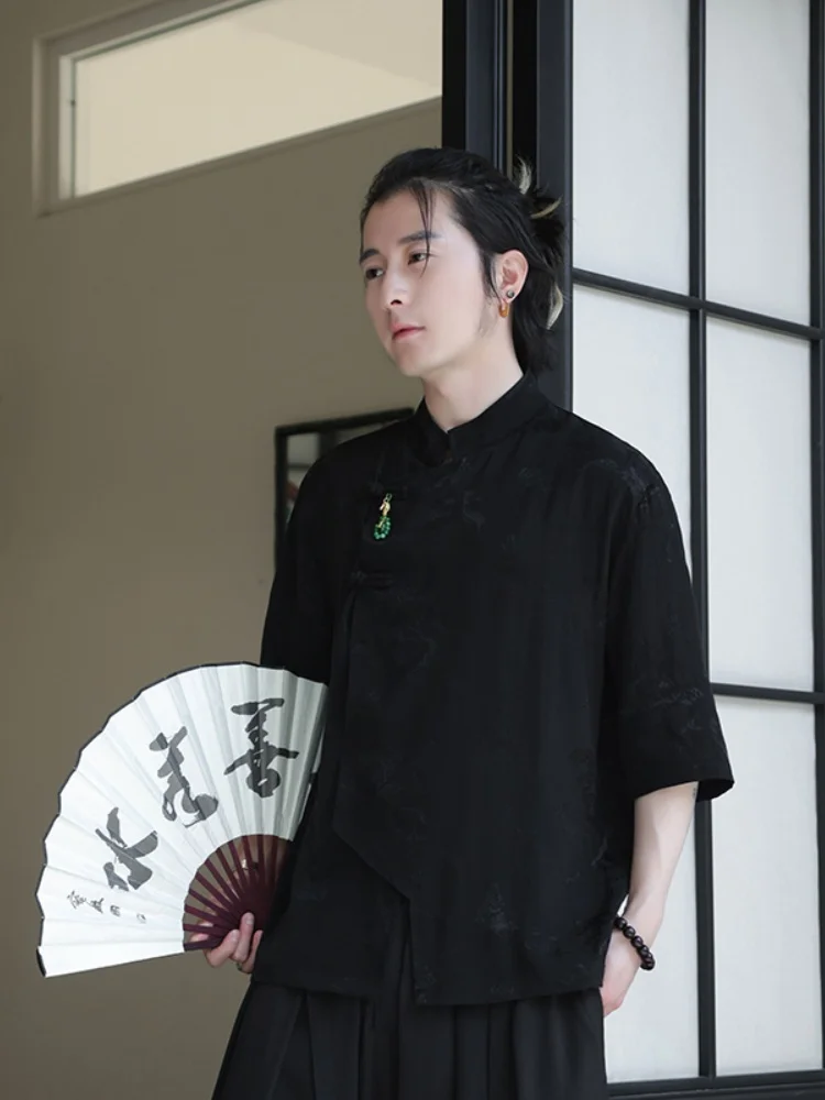 

Новая мужская летняя рубашка из ледяного шелка с коротким рукавом, винтажная, на пуговицах, в стиле тан, с диагональным воротником, улучшенный китайский стиль Ханьфу, тонкая