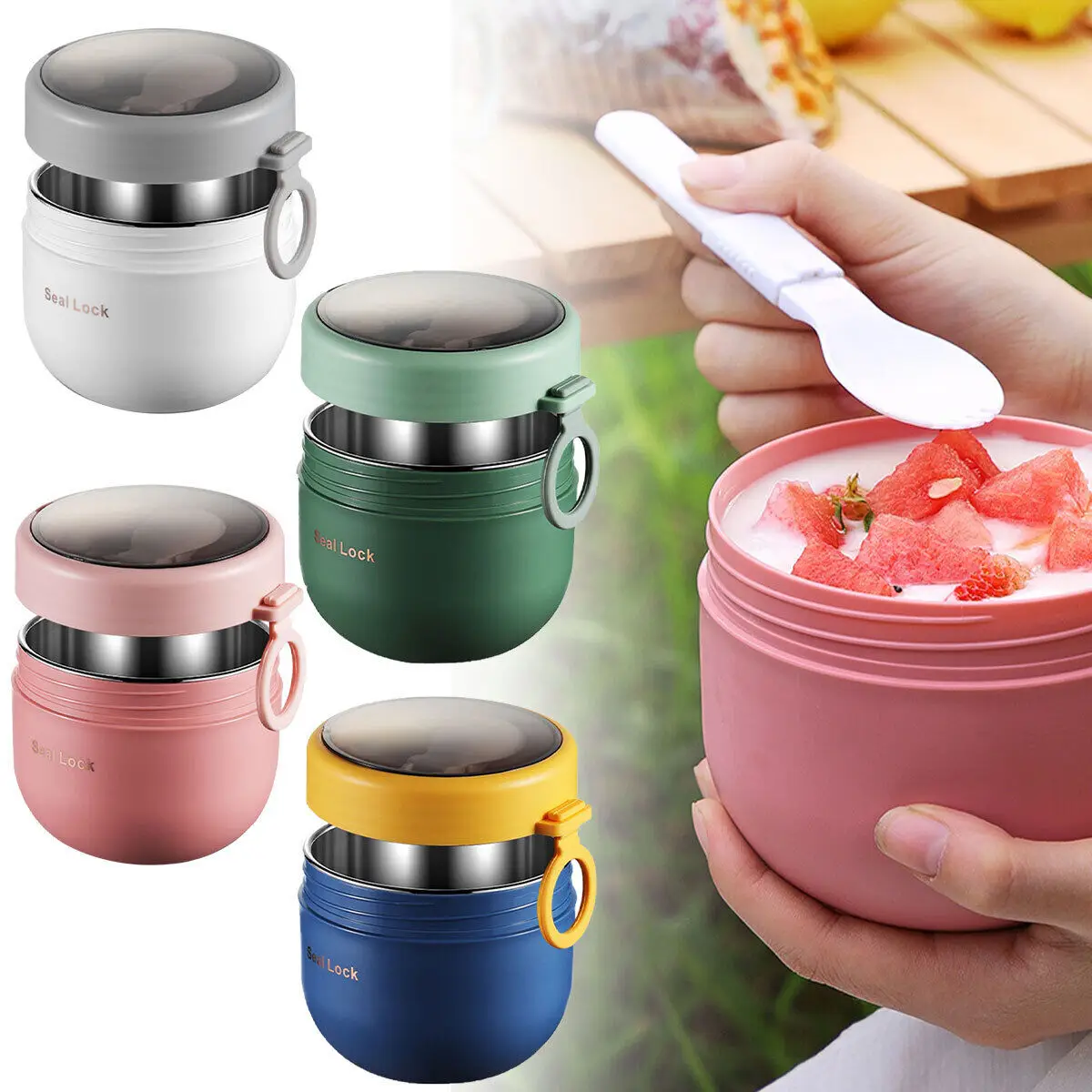 600ml Stainless Steel Lunch Box Double-layer Thermal Soup Cup Bento Box Insulated Food Container with Spoon Breakfast Tableware