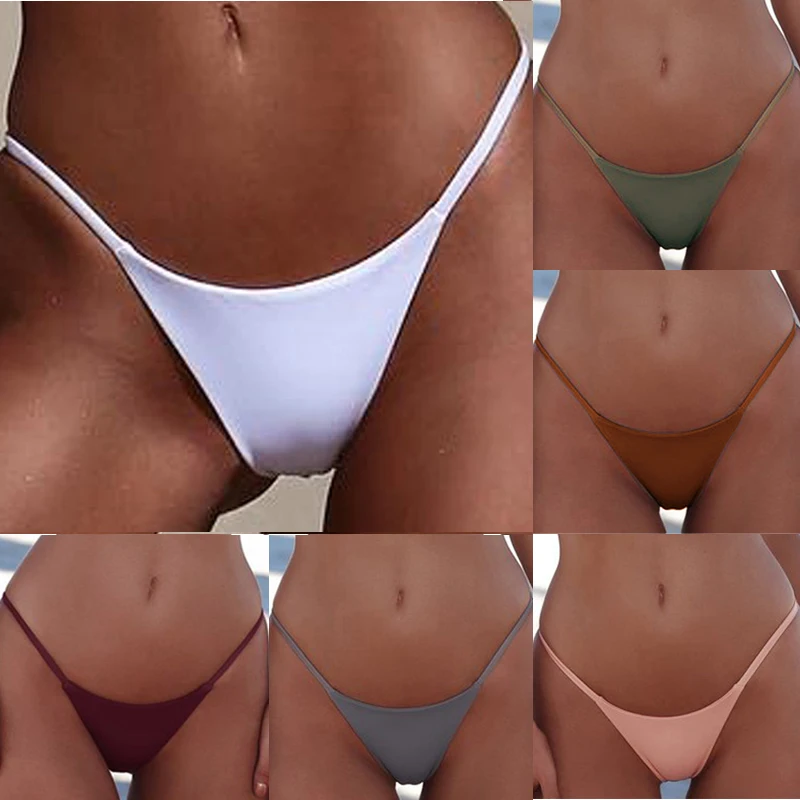 Solid Sexy Bikini Bottom Women G-String Briefs Brazilian Thongs High Leg Tangas Swimwear Swimsuit  Biquini Swimming Beach Wear