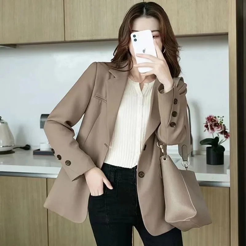 Women's Loose Korean Casual Suit Jacket, Female Office Overalls Coat, Professional Women's Wear Outerwear, Black, Spring, Autumn