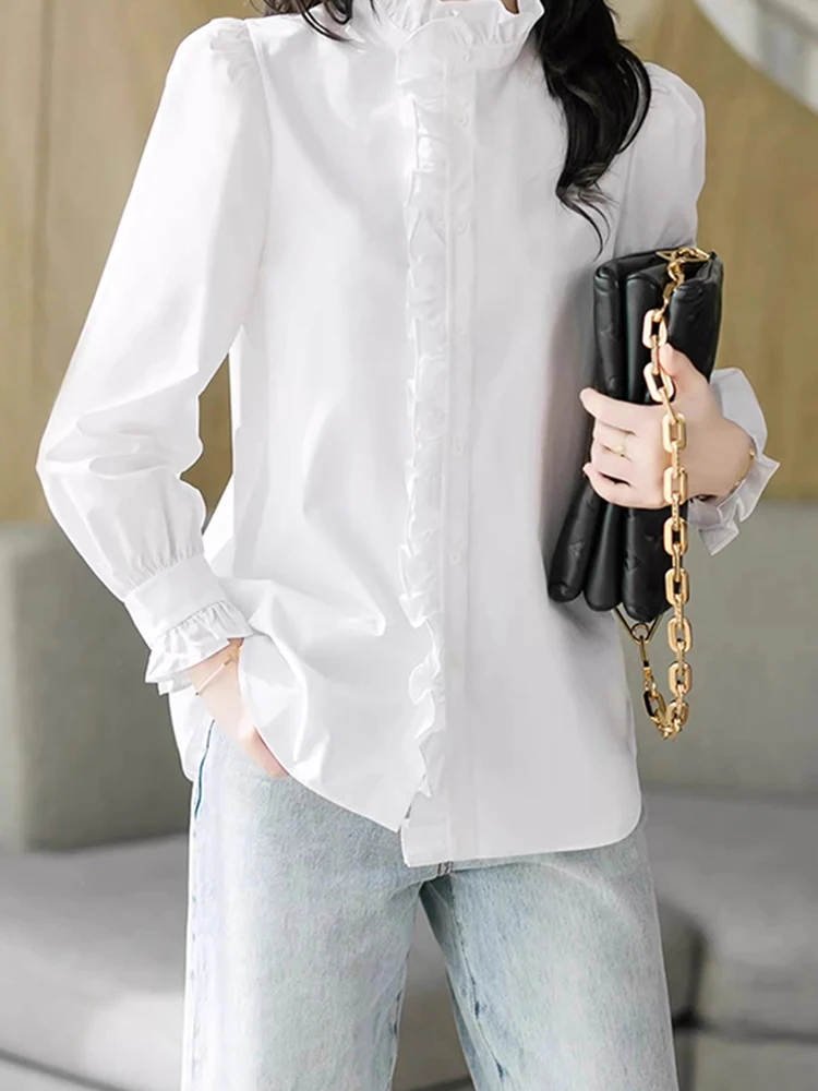 Simple Ele Stand Collar Lace Trim irt Poised Businlike Commute Autumn Spring Faionable Versatile Women's Top