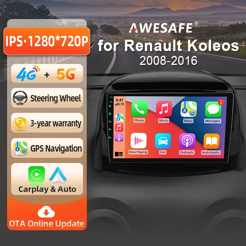 Autoradio Android AWESAFE 9 pouces pour Renault Koleos 2008-2016, CarPlay et Android Auto sans fil, navigation GPS, support multimédia, commande au volant, amplificateur de subwoofer, caméra arrière avec CAN-BUS, Plug and Play EU, autoradio numérique DAB+, autoradio 2 DIN, stéréo RDS