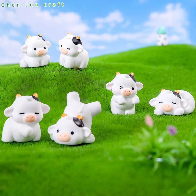 6PCS Noctilucent Small Cow Resin Miniature Figurines Luminous Mini Cows Moss Microlandscape Decoration Fairy Garden Home Decor