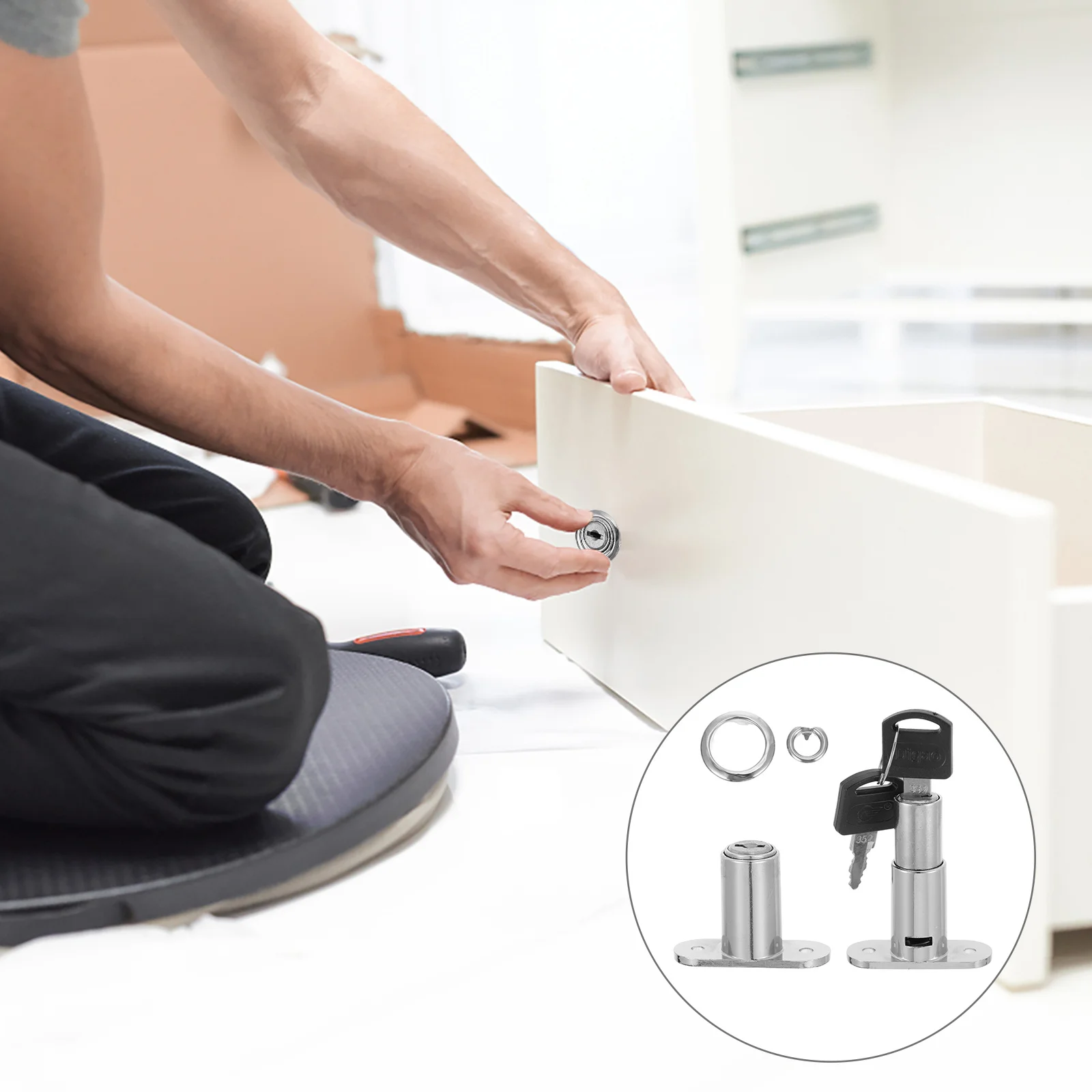 2 buah kunci kabinet dengan kunci berbeda, kunci dorong untuk laci lemari furnitur, kunci kabinet geser.