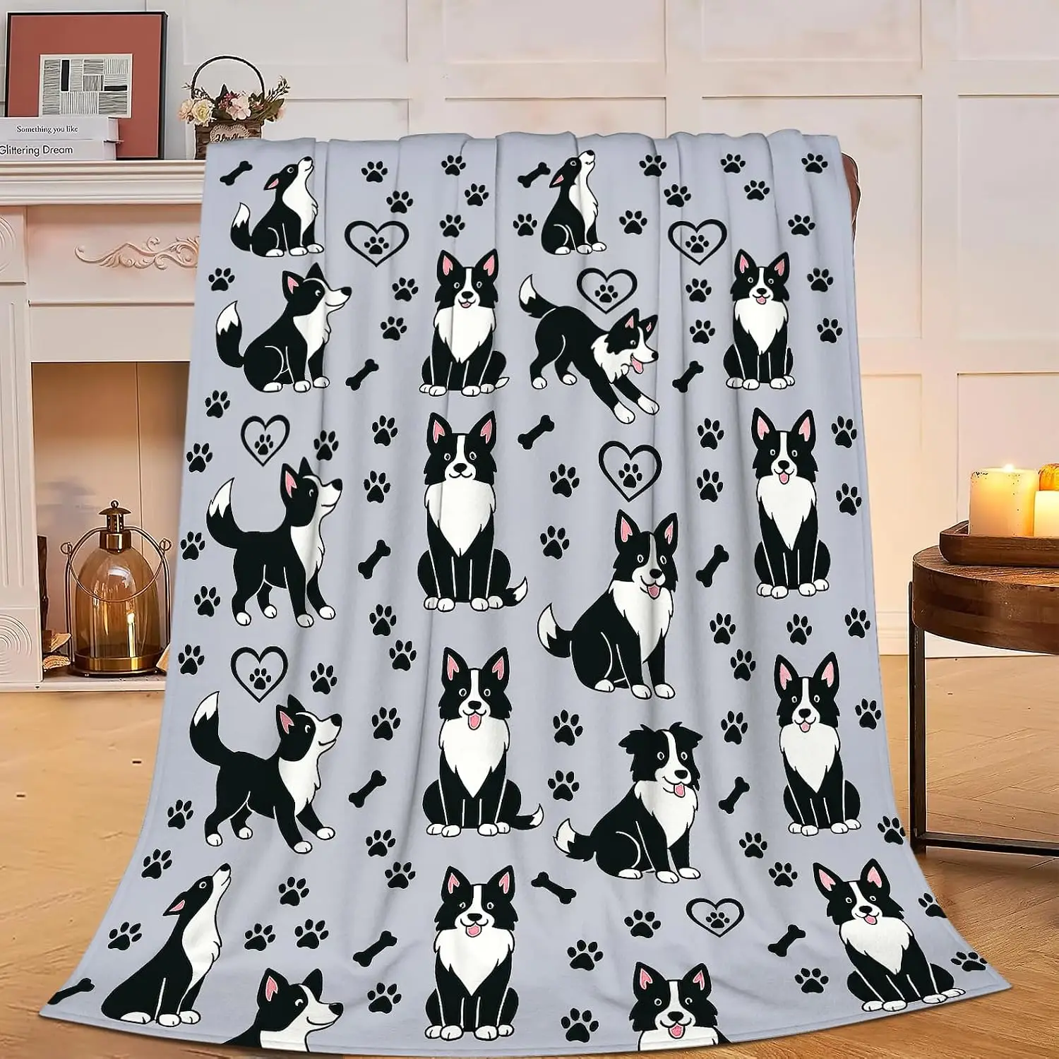 Cartoon Border Collie Paw Bone Heart Light Gray Base Flannel Throw Blanket, Soft Warm Sofa Cover,Pet Gift Bedroom Daily Rest Use