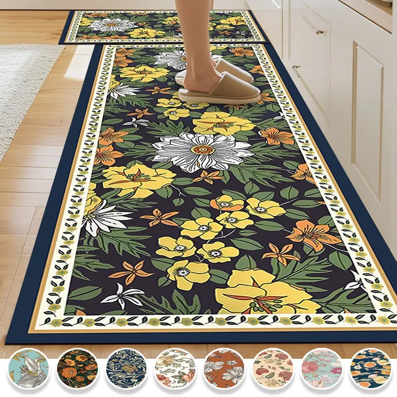 

1/2PCS Carpet for Kitchen Floor Mat Leather Waterproof Non-slip Long Rug Oil-proof Foot Mats Pink Flower Home Decoration Rugs